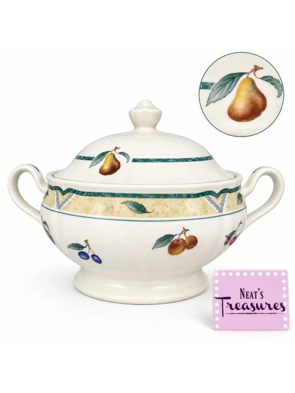 Noritake Homecraft ORCHARD SPRING Fruit Green Ireland Handle Cover Serving Bowl